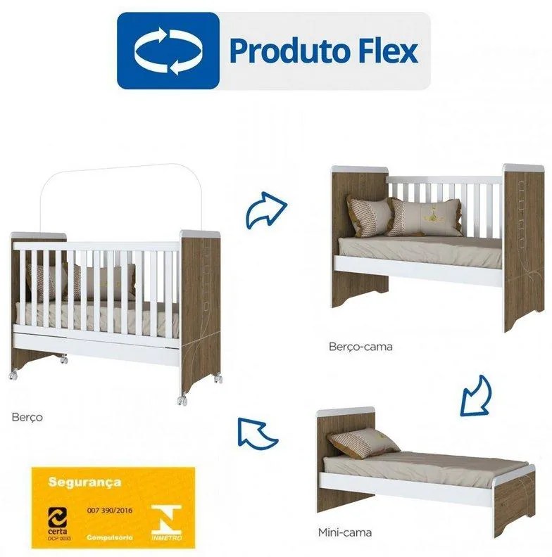 Berço 3 em 1 Mini Cama Pão de Mel em MDF - Branco/Rustico