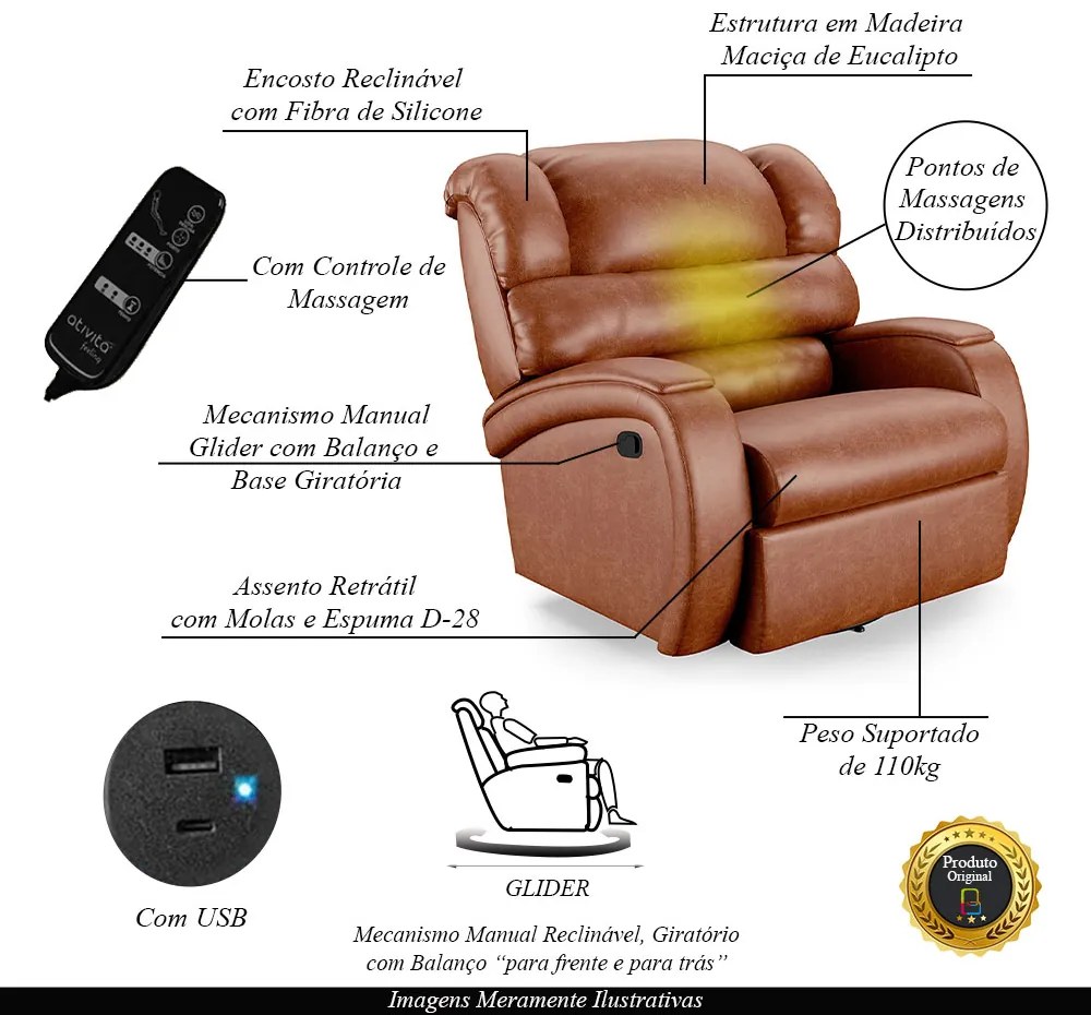 Poltrona do Papai Sala de Cinema Reclinável Kylie Glider Manual Giratória Massagem USB PU Caramelo Brilho G23