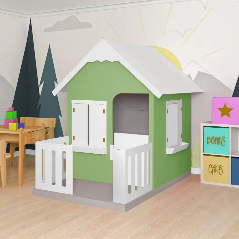 Casinha De Brinquedo Com Cercado Floreiros MDF Verde/Branco L12 - Gran Belo