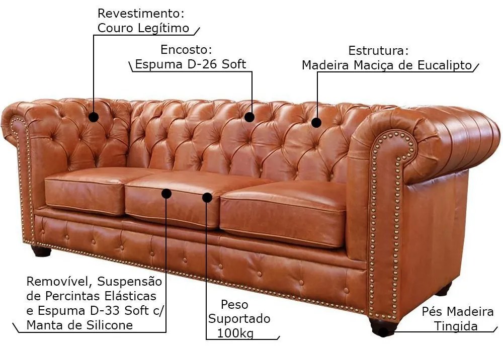 Sofá 3 Lugares Sala de Estar 235cm Chesterfield Pés Madeira Couro Conhaque G40 - Gran Belo