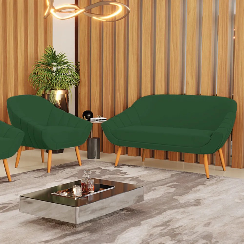 Kit 01 Namoradeira 02 Lugares e 01 Poltrona Giovana Veludo Verde Pés Palito Castanho - Indo Decorar
