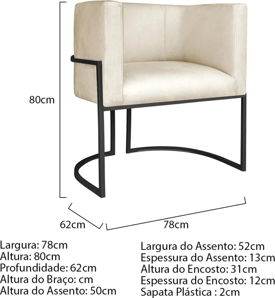 Kit 02 Poltronas Decorativas Luna Base de Ferro Preto Sintético