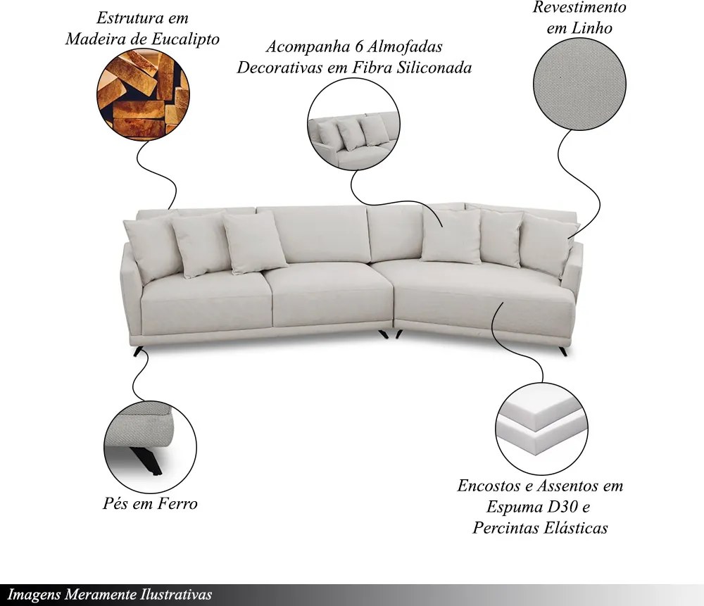 Sofá Sala de Estar Bipartido Design Moderno 270cm com Almofadas Pés de Ferro Rossi Linho Bege G93 - Gran Belo