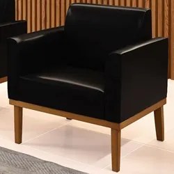 Poltrona Decorativa Base Madeira Castanho Maressa Sintético PU Preto-
