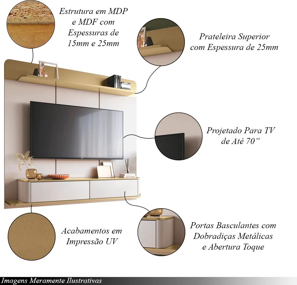 Home Painel Galax Suspenso para TV até 70 Polegadas com Off White/Champagne G26 - HB Móveis