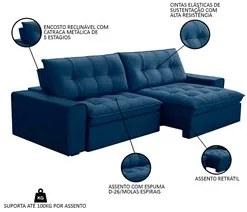Sofá Retrátil Reclinável 3 Lugares 250cm Argon F05 Veludo Azul - Mpoze