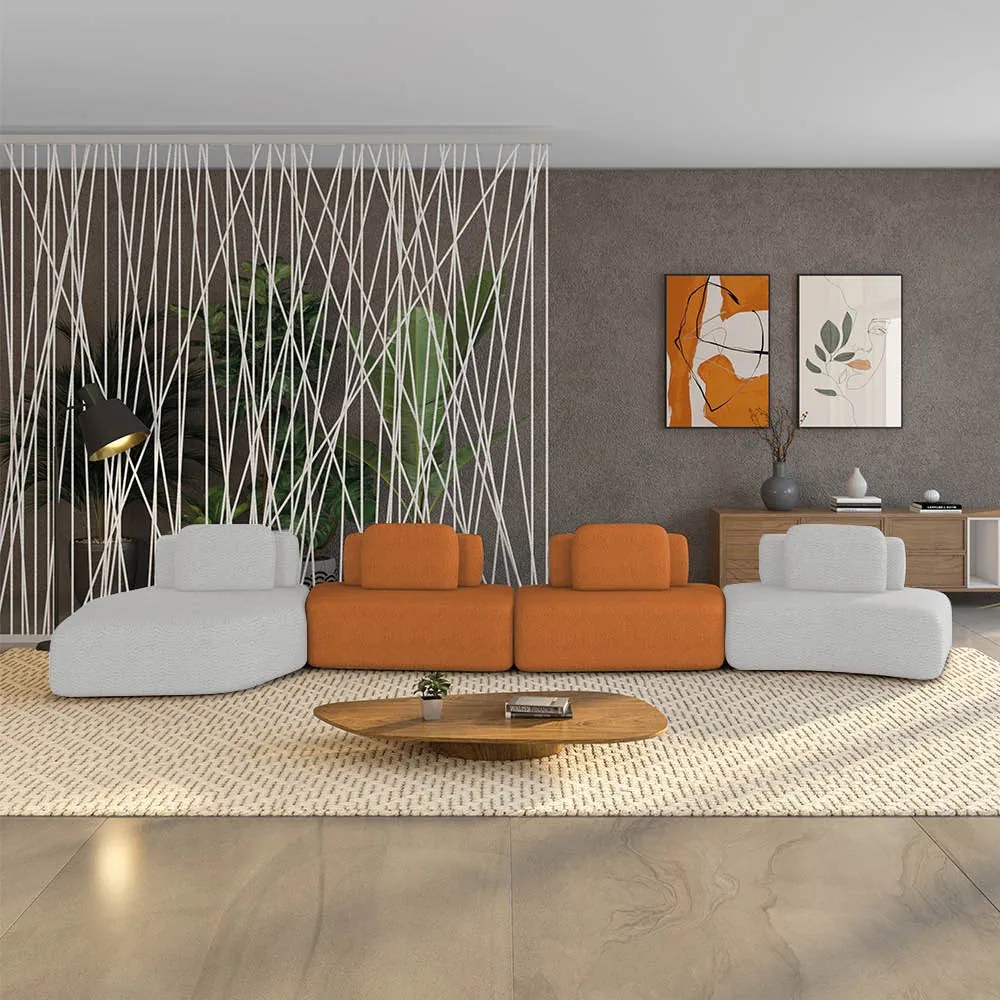 Sofá 4 Lugares Orgânico com Chaise e 3 Módulos Berlim Bouclê Cinza Claro/Caramelo K01 - D'Rossi