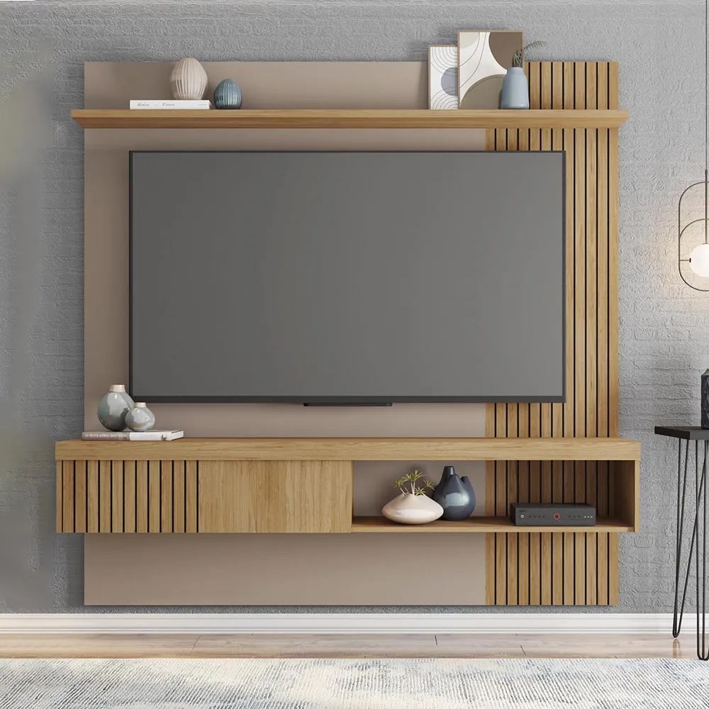 Painel TV 65 Pol 180cm Bancada Suspensa Ripado Luana C01 - D'Rossi - Fendi/Buriti