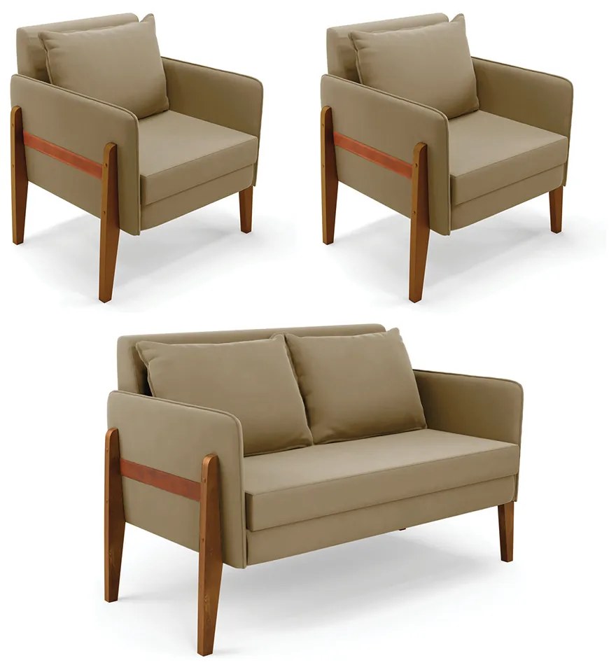Kit 1 Sofá Namoradeira e 2 Poltronas Lana Suede Marrom Rato Base de Madeira - D'Rossi