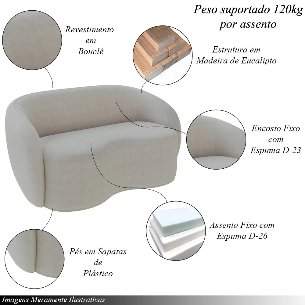 Conjunto 1 Sofá Living 160cm e 1 Poltrona Decorativa Sala de Estar Íbis Encosto Fixo Bouclê Cinza G33 - Gran Belo