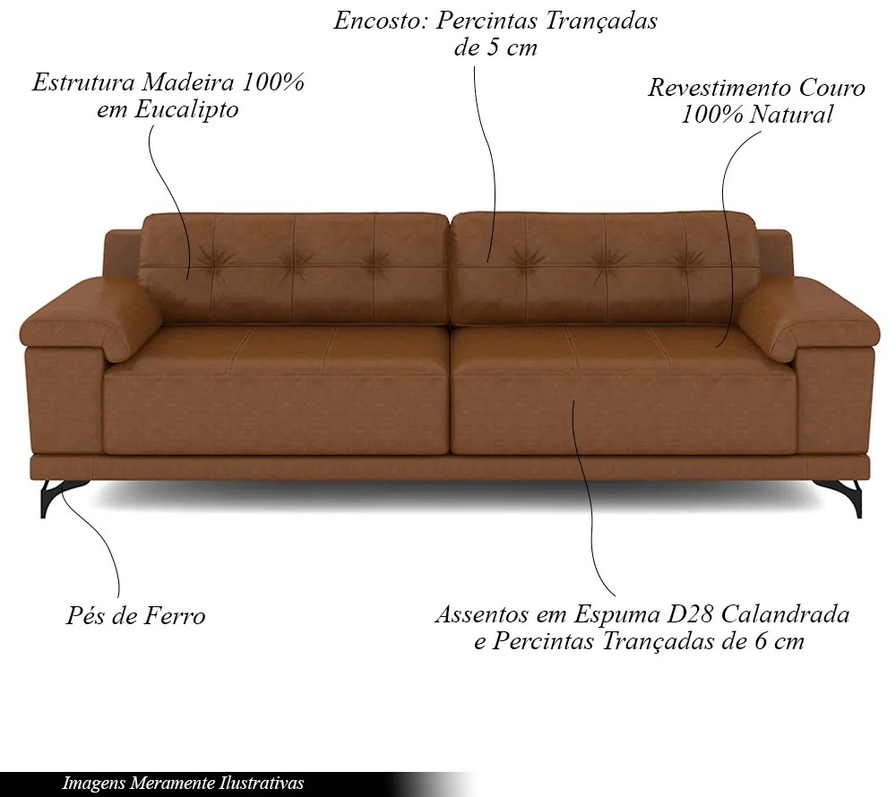 Sofá Living 4 lugares 275cm Agostino Pés Design em Ferro Couro Caramelo Manchado G52-Gran Belo