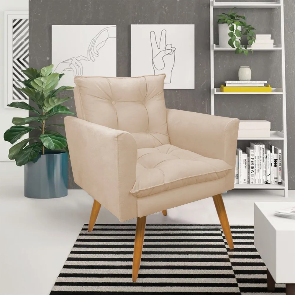 Kit 1 Sofá Namoradeira e 2 Poltronas Tais Suede Bege Pés Palito Castanho - D'Rossi