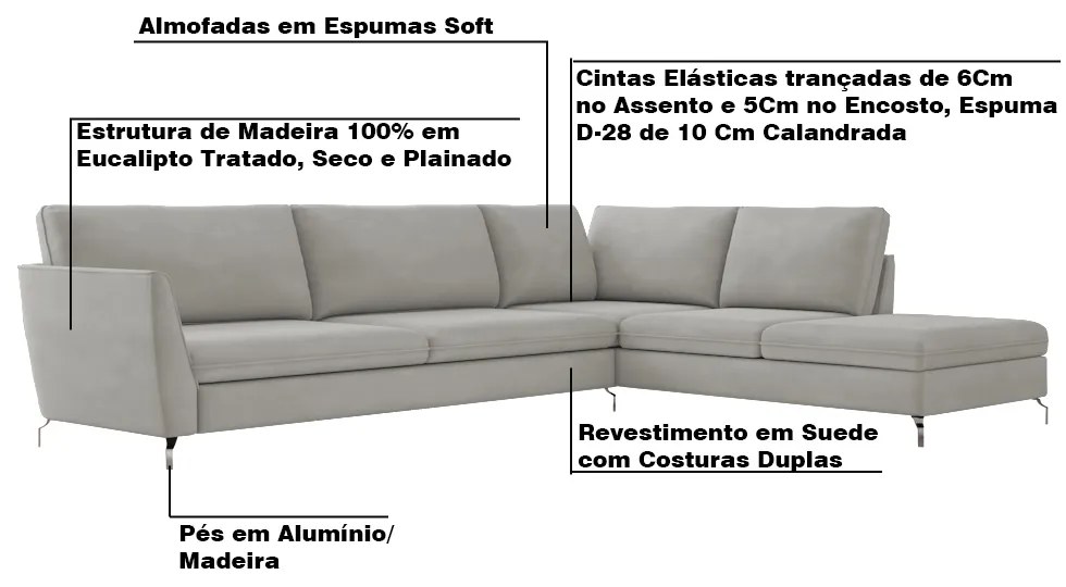 Sofá de Canto Chaise Direito 307 cm Olívia Suede Cinza G52 - Gran Belo