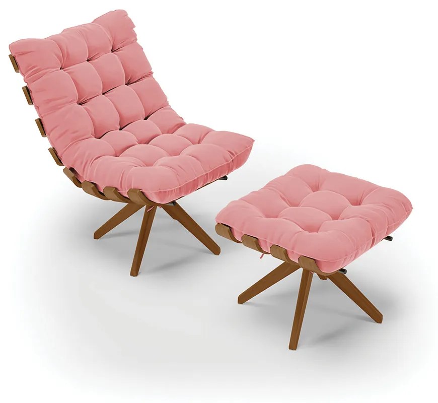 Poltrona com Puff Giratório Costela Suede Rosê Base de Madeira MA30 M11 - D'Rossi