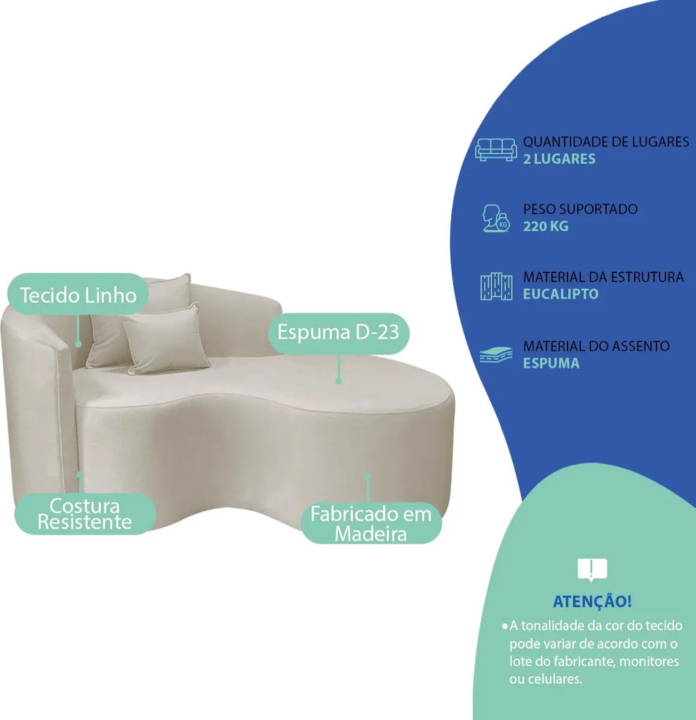 Kit Recamier Curvo Sala de Estar Inglaterra 150cm Lado Direito e 2 Poltronas Orgânica Luxo Amore Linho