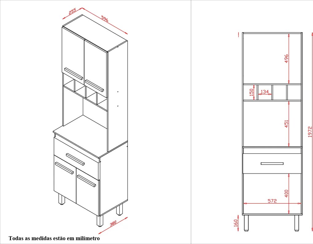 Paneleiro Zínia 4 Portas 1 Gaveta Cozinha MB1 200cm