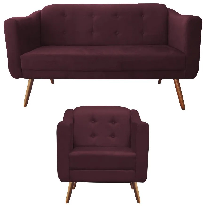 Kit Sofá Namoradeira + Poltrona Bruna Suede Bordô Pé Palito
