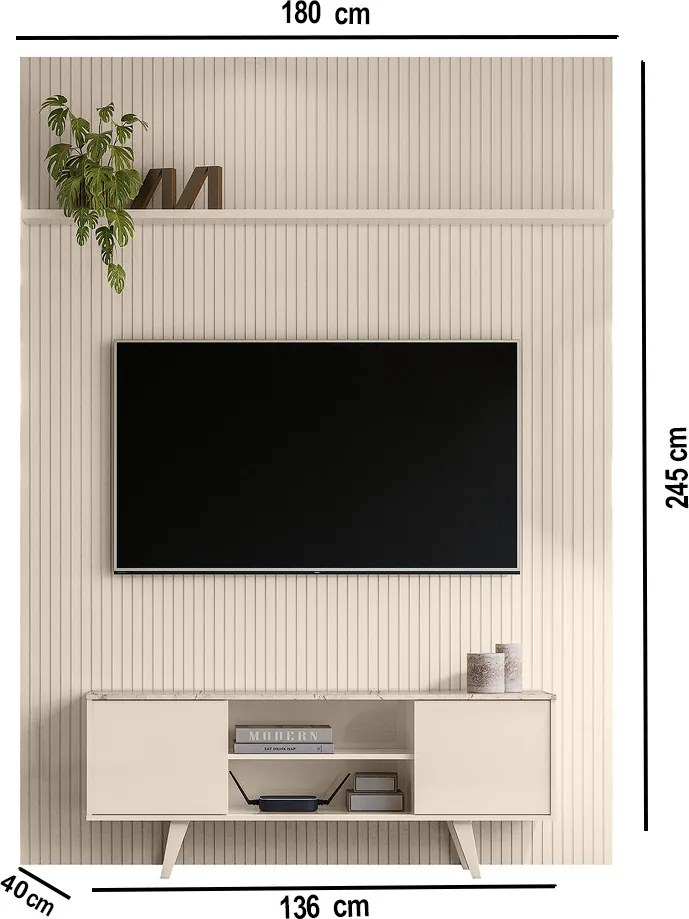 Painel TV 65 Pol 179cm Ripado Valen e Rack Bancada Korelli M20 - D'Rossi - Calacata(brilho)/Off White(brilho)