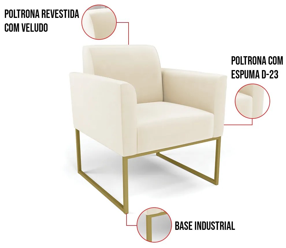 Poltrona Base Industrial Dourado Marisa Veludo D03 - D'Rossi - Bege