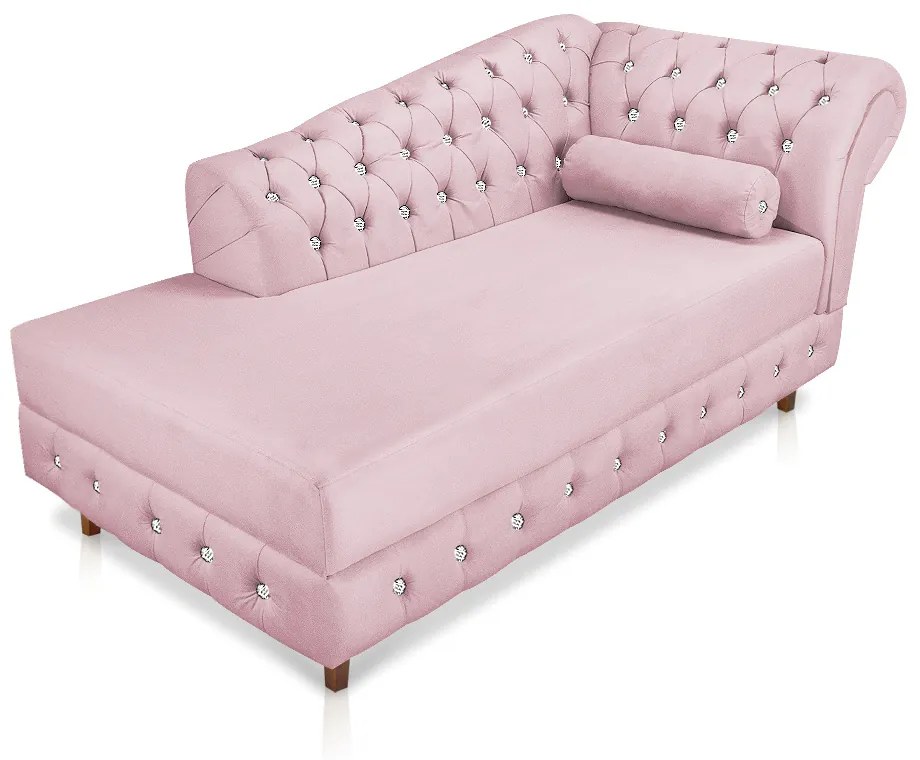 Divã Chesterfield 165 cm Capitonado com Strass Suede Rosa Bebê - D'Rossi