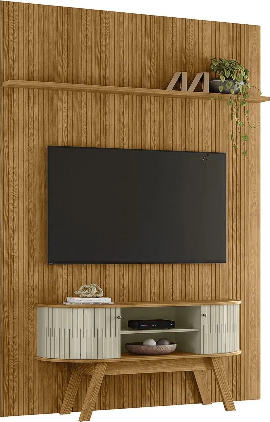 Conjunto Painel e Bancada Troia 2 Portas Deslizantes MDP Pintura UV até 65 Cumaru/Opala G97 - Gran Belo