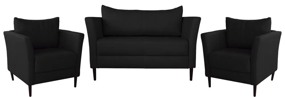 Conjunto Sofá 2 Lugares com 2 Poltronas Pés Palito Lubbock Couro Preto G58 - Gran Belo
