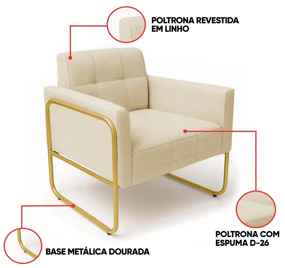 Poltrona Sala Industrial Alta Tubo Dourado Kit 2 Elisa Linho D03 - D'Rossi - Bege