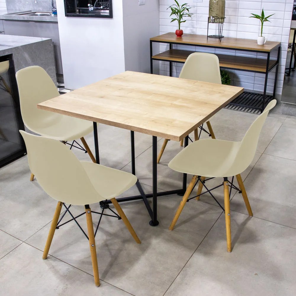 Kit 04 Cadeiras Eiffel Nude e 01 Mesa de Jantar 04 Lugares Jade 90 cm Natural Base Metálica Industrial Preto - D'Rossi
