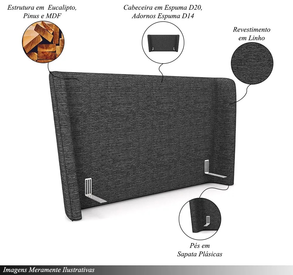 Cabeceira Design para Cama de Casal Torres Pés em Madeira Linho Chumbo G91 - Gran Belo