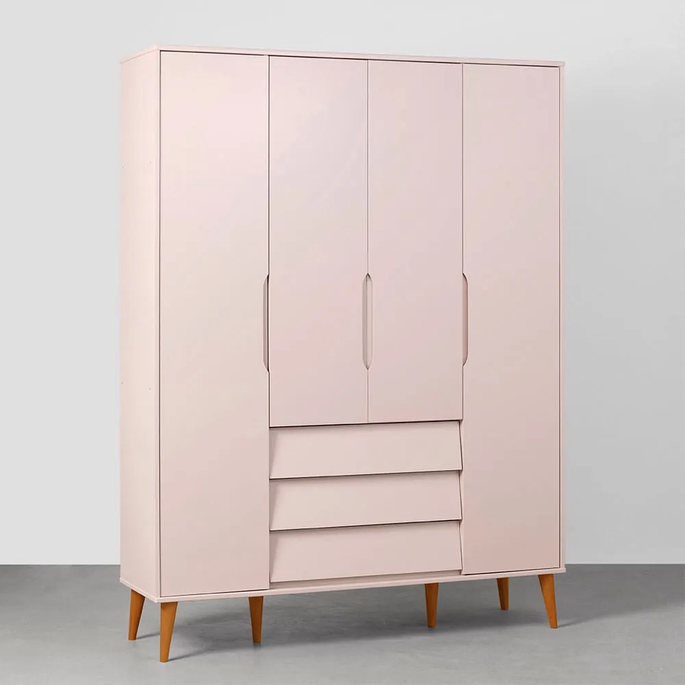 Guarda-Roupa Noah 4 Portas e 3 Gavetas com Pés Retrô Mel - Rosa Fosco