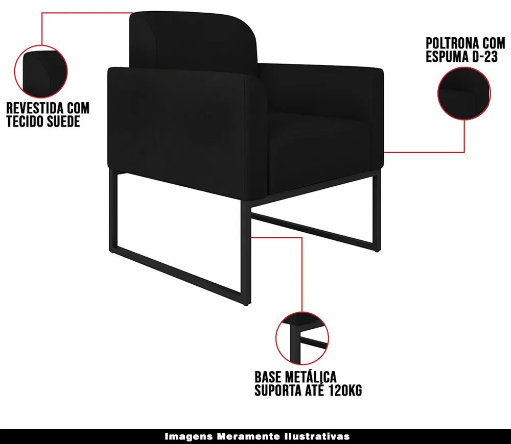 Kit 2 Poltronas Decorativas Isabella Base Industrial Suede Preto G19