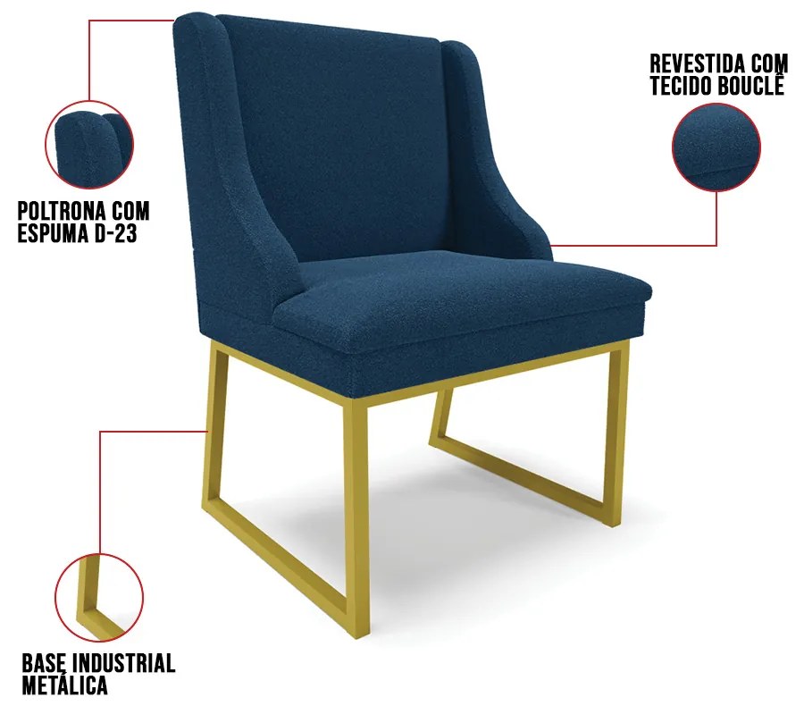Cadeira Sala de Jantar Industrial Dourado kit 4 Liz Bouclê D03 - D'Rossi - Azul