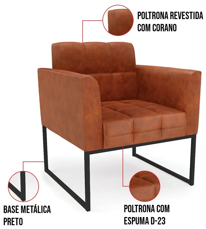 Kit 1 Sofá Namoradeira e 1 Poltrona Elisa Corano Nozes Base Metálica Industrial Preto D03 - D'Rossi