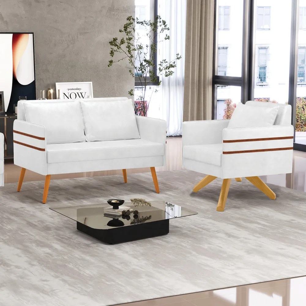 Kit 01 Namoradeira 02 Lugares e 01 Poltrona Mari Corano Base de Madeira MA30 - Branco