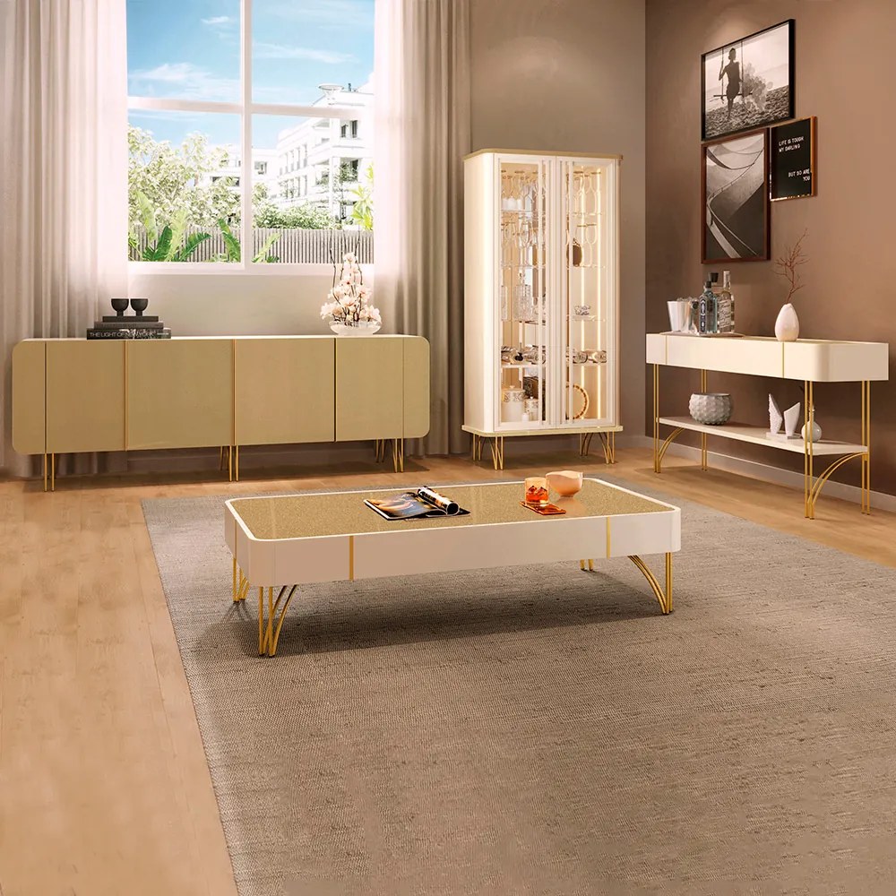 Conjunto 1 Cristaleira 1 Buffet 1 Mesa de Centro 1 Aparador Texas/Virginia/Rennes Off White/Champagne G26 - Gran Belo