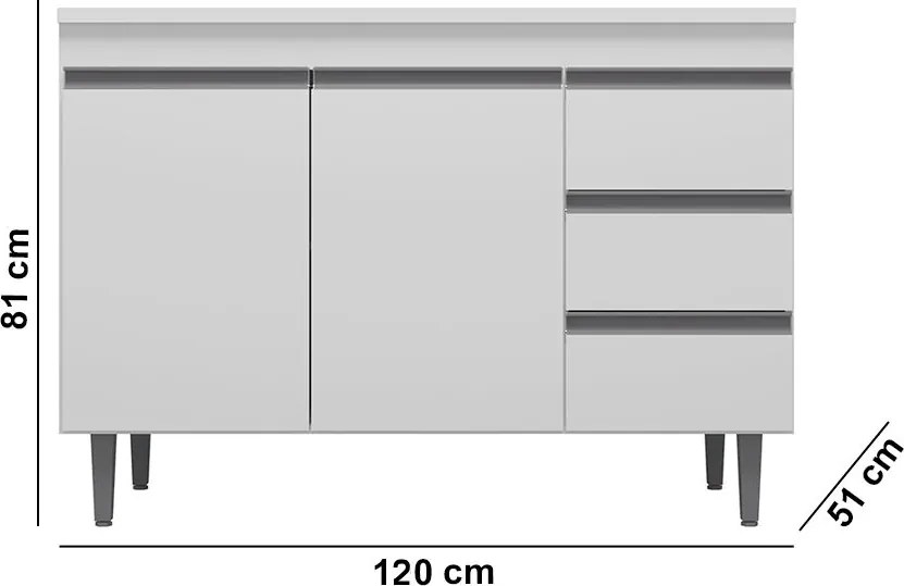 Balcão Cozinha com Tampo 120cm 3 Gavetas Leticia Branco A01 - D'Rossi