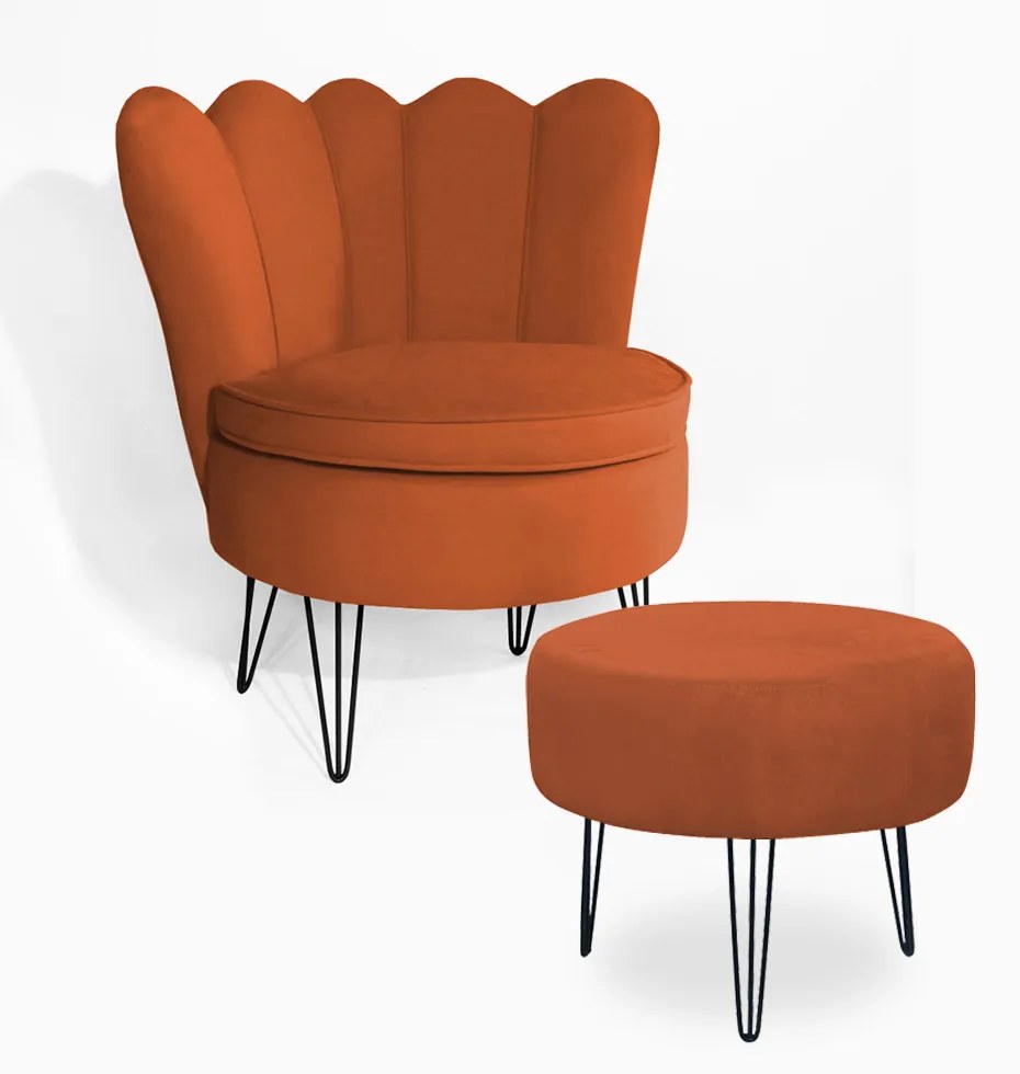 Poltrona Decorativa Dália com Puff Chloe Hairpin Legs Preto Veludo Telha