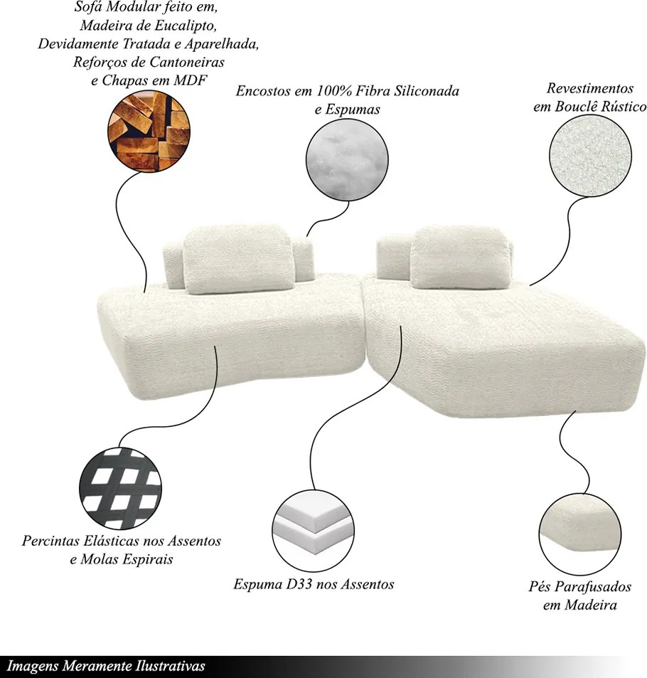 Sofá Ilha Sala de Estar Modulado Dakota com Chaise Encosto Almofadas Soltas Bouclê Rústico OffWhite G33 - Gran Belo