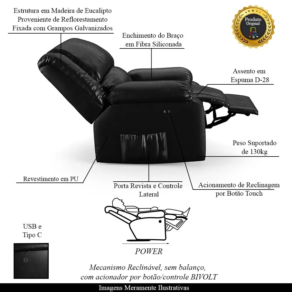 Poltrona do Papai Reclinável Melim Power Touch USB PU FH1 - D'Rossi - Preto
