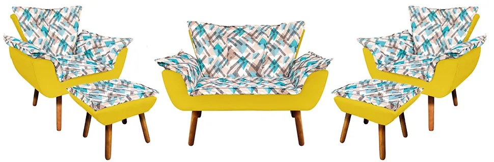 Kit 01 Namoradeira com 02 Poltronas e 02 Puffs Opala Composê Suede com Estampado Traçado Azul D33 Pés Palito Castanho - Amarelo