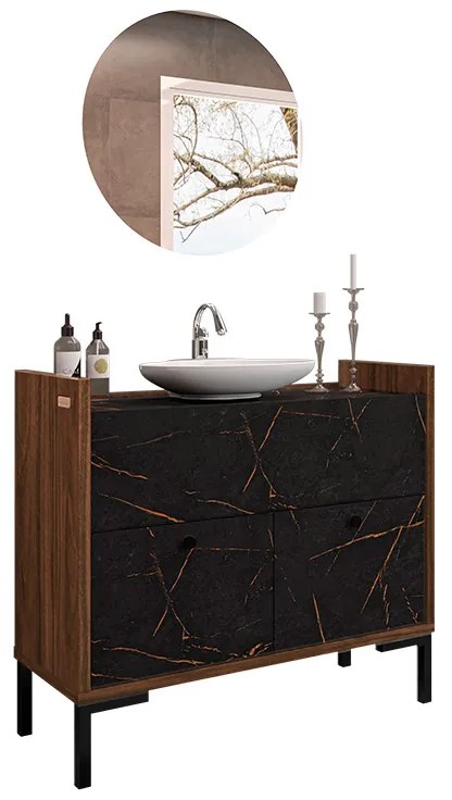 Balcão Gabinete de Banheiro Rubi 90cm com Pés de Ferro Imbuia/Preto - Vizzato - Preto