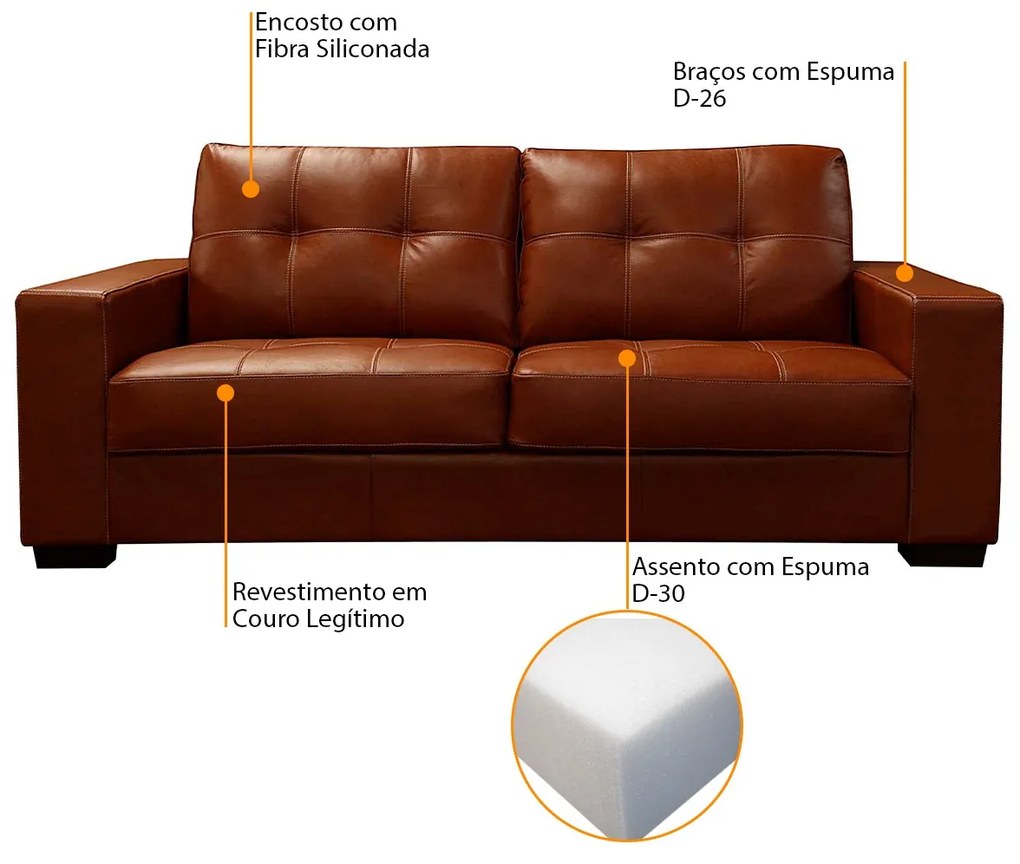 Sofá de Couro 3 Lugares Londres 206cm M06 Cor Conhaque com Brilho 457 - ADJ DECOR