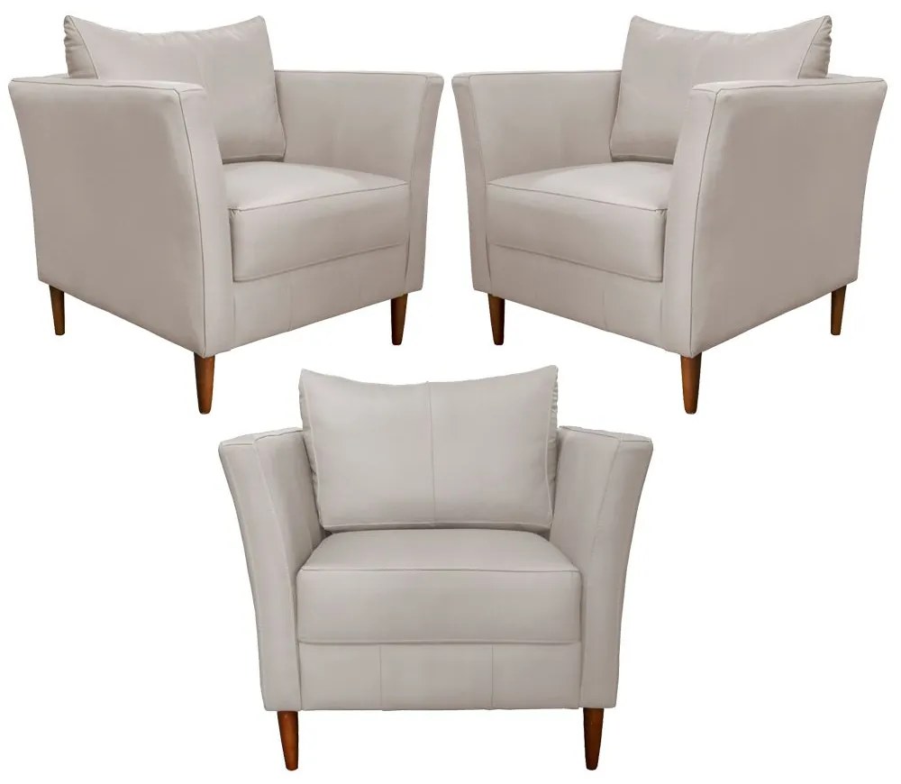 Kit 3 Poltronas Decorativa Sala de Estar Pés Palito Lubbock Couro Off White G58 - Gran Belo