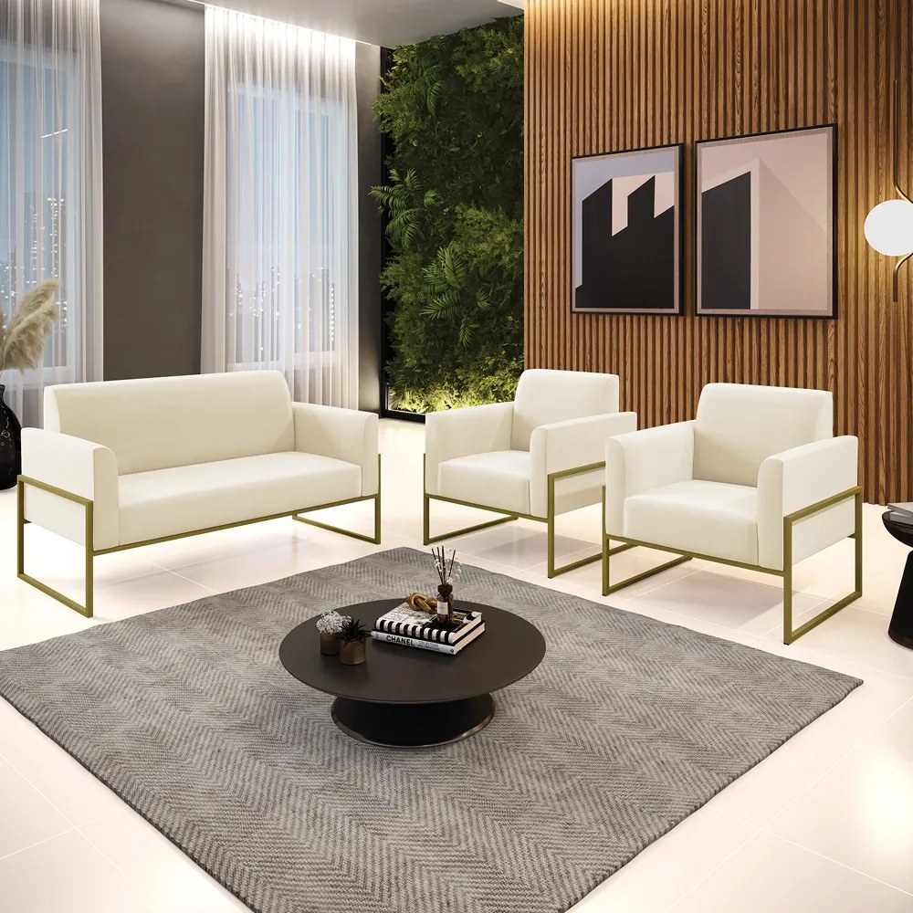 Sofá Namoradeira com 2 Poltronas Base Industrial Alta Dourado Marisa Veludo - Bege