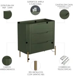 Mesa Cabeceira Quarto 68cm 3 Gavetas Blen Musgo/Dourado I06 - Mpozenat
