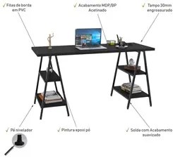 Mesa Escrivaninha Cavalete 150cm Estilo Industrial Prisma C08 Preto Ôn
