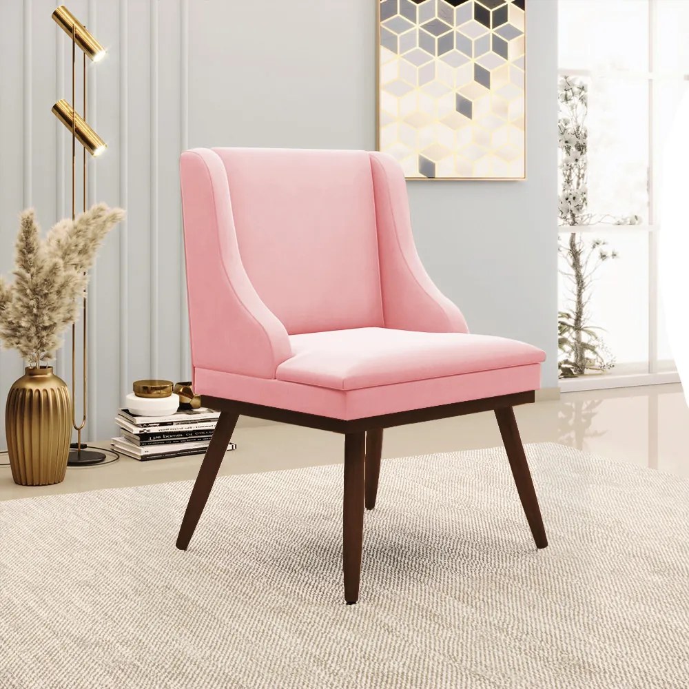 Cadeira de Jantar Liz Suede Base Fixa Madeira com Pés Palito Tabaco D03 - D'Rossi - Rosa Bebê