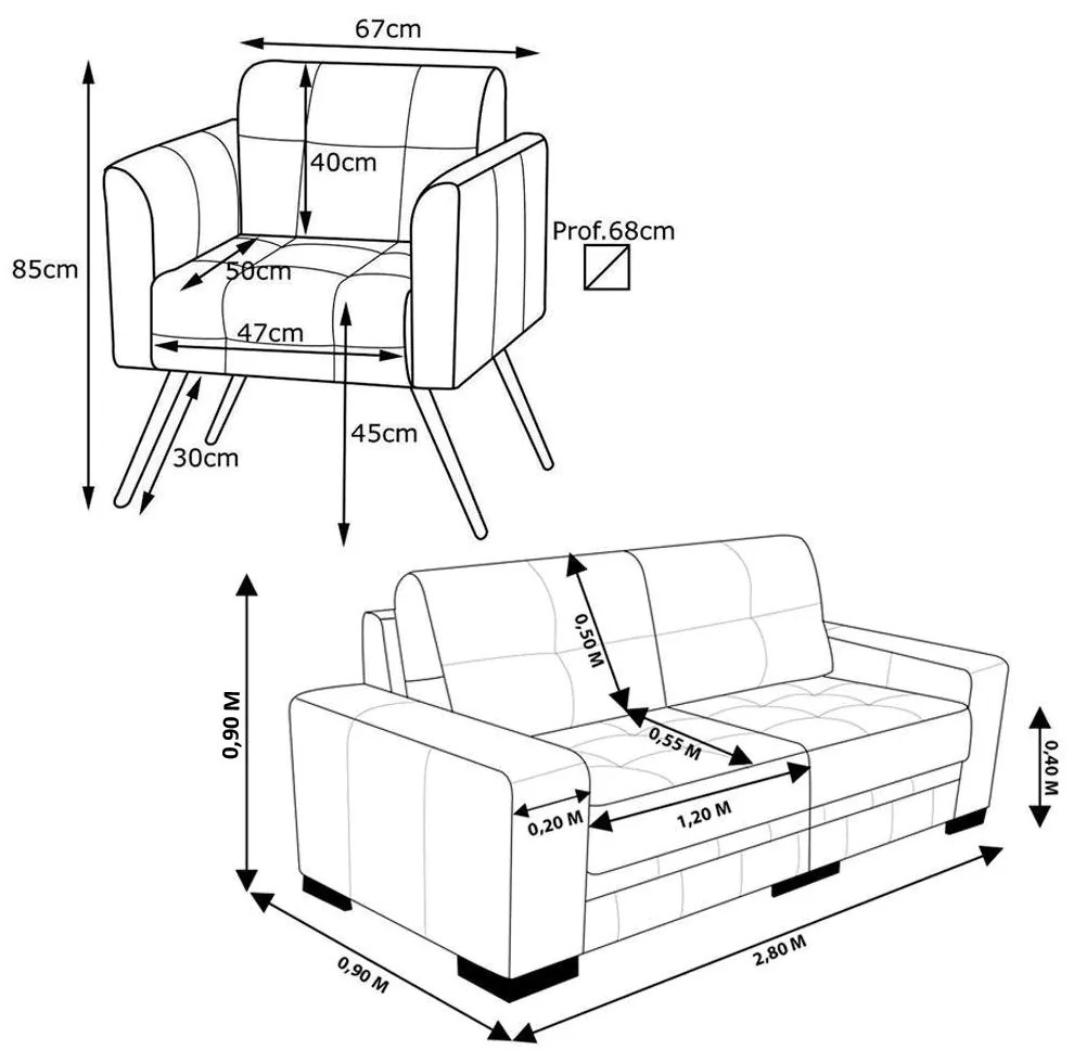 Conjunto de Sofá 4 Lugares Bipartido 280cm com 2 Poltronas Bia/Milano Couro Caramelo G58 - Gran Belo