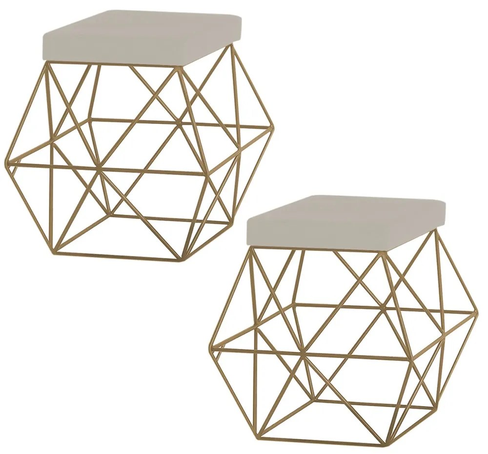 Kit 2 Puffs Decorativo Sala de Estar Base Gold Trixie Suede Bege G41 - Gran Belo