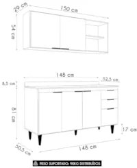 Armário de Cozinha Com Tampo CP01 150cm Pérola Preto Z34 - Mpozen
